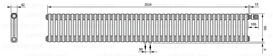 Схема (чертеж) Радиатор Zehnder Charleston 2019/44 №V008 Белый глянцевый RAL 9016